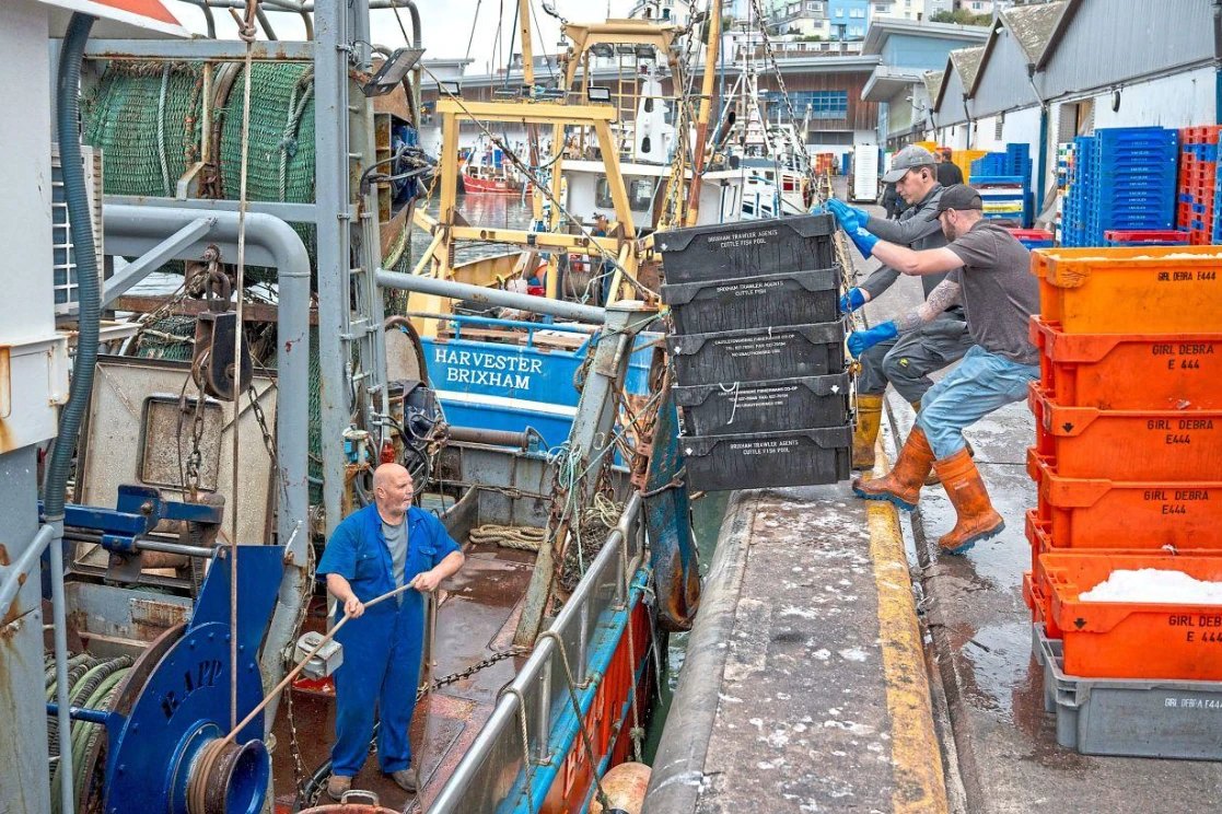 Crew passing stacked Brixham Trawler Agents fish boxes from a trawler onto the quay at Brixham harbour
