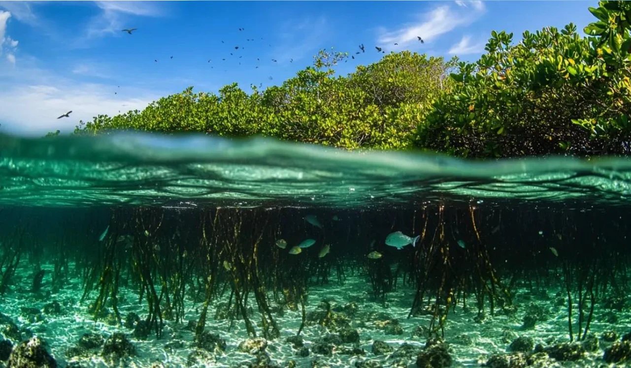 Split view of a mangrove shoreline, with small fish swimming among the submerged roots