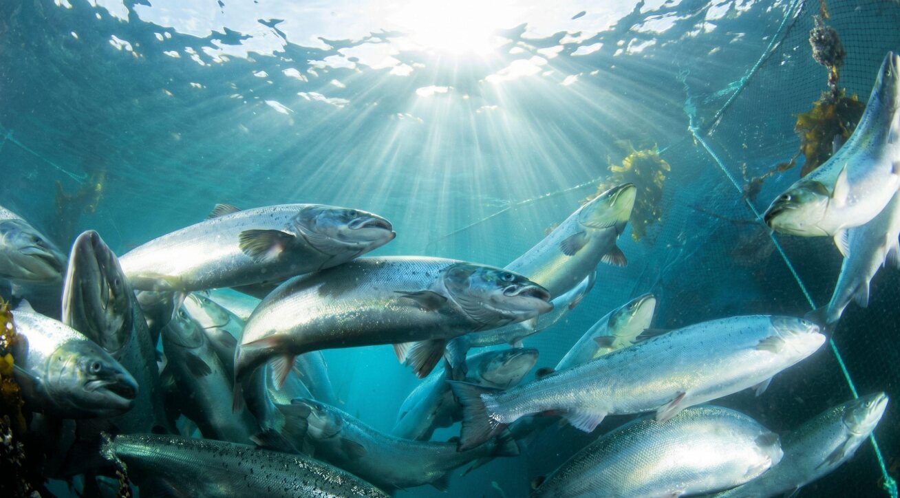 Diver among salmon inside a sea pen