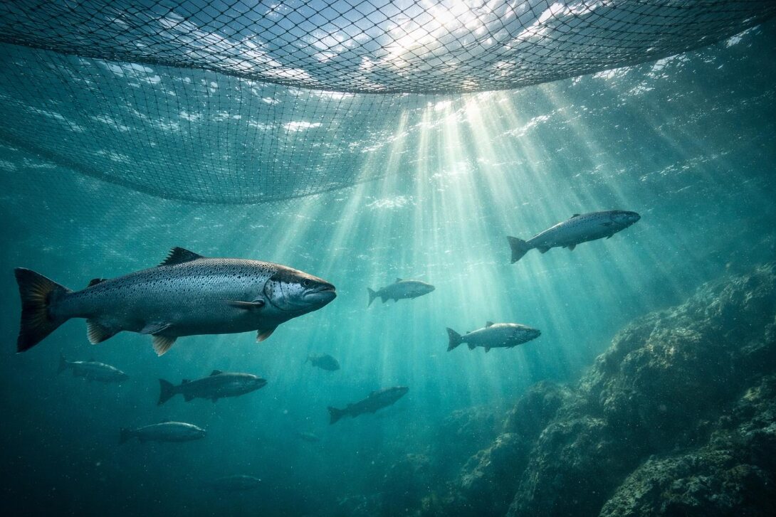 Salmon swimming inside a sea pen net