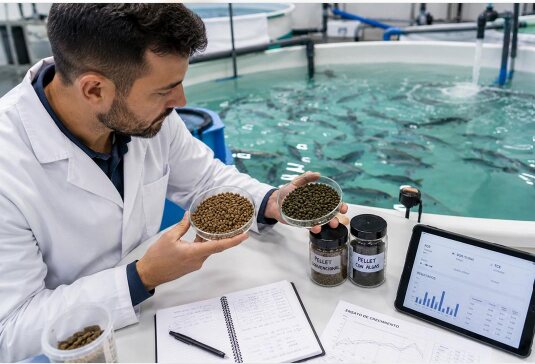 Scientist examining samples of fish feed beside a tank